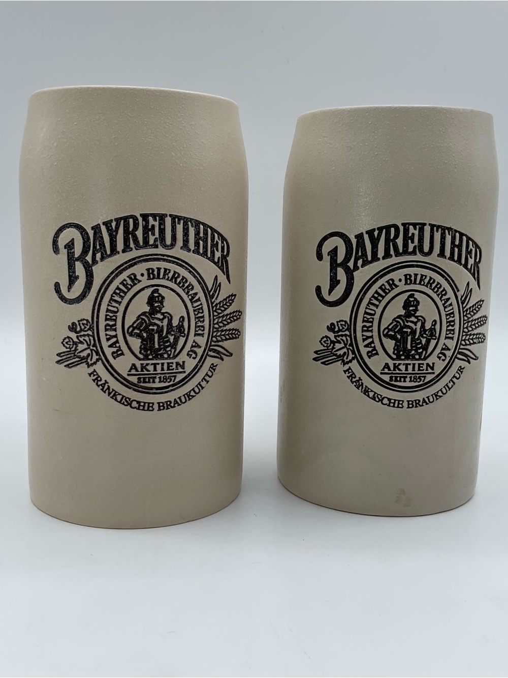 Bayreuther Bierbrauerei German Stoneware Beer Steins Mugs Set of 2 Vintage